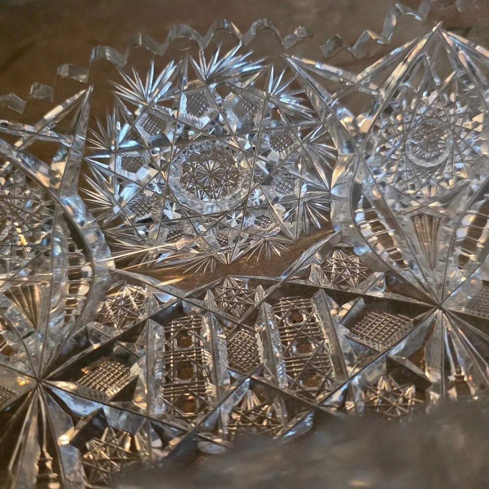 Vintage American Brilliant Style Cut Glass Oval Bowl Starburst Sawtooth Rim 9.5